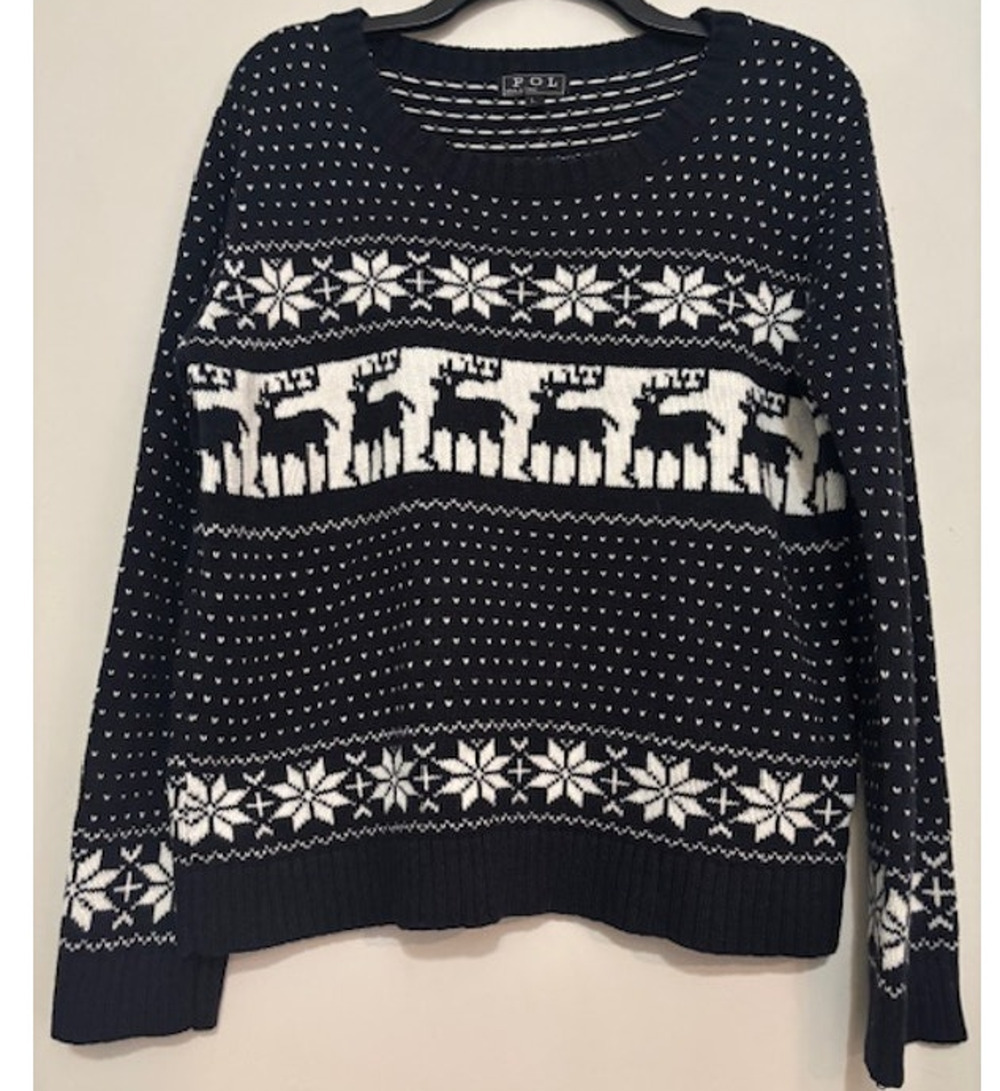 POL Sweater Fair Isle Nordic Navy Blue Reindeer Pullover Size Large